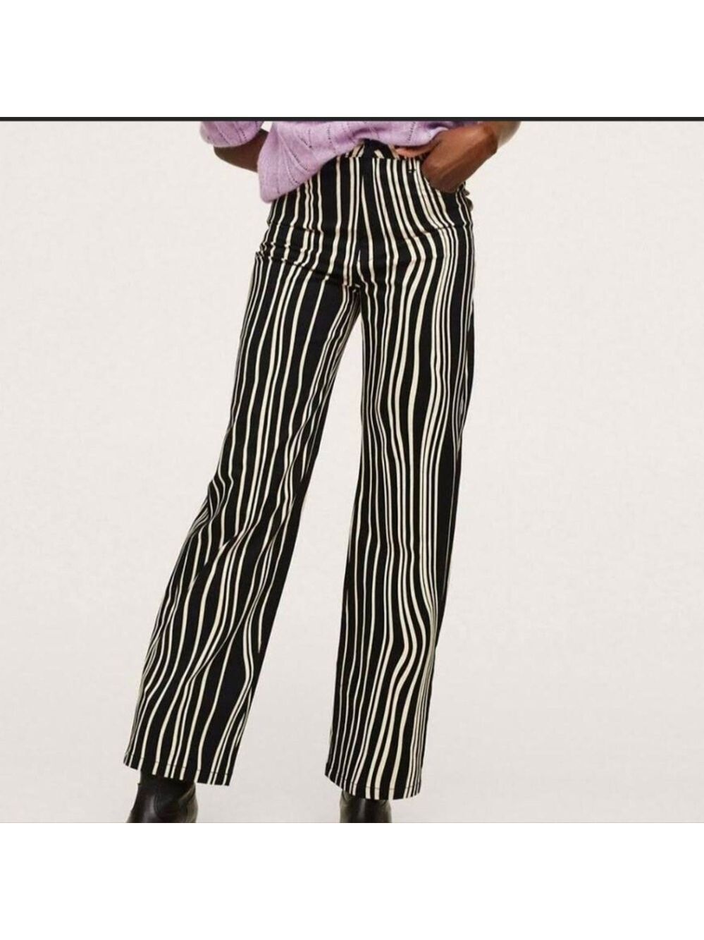 Mango Mono Black And Cream Striped Straight Leg Jeans Size 2